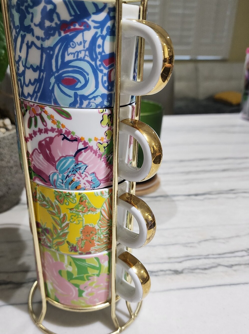 Lilly Pulitzer Stackable Floral Ceramic Mugs with Gold Trim - Multicolor